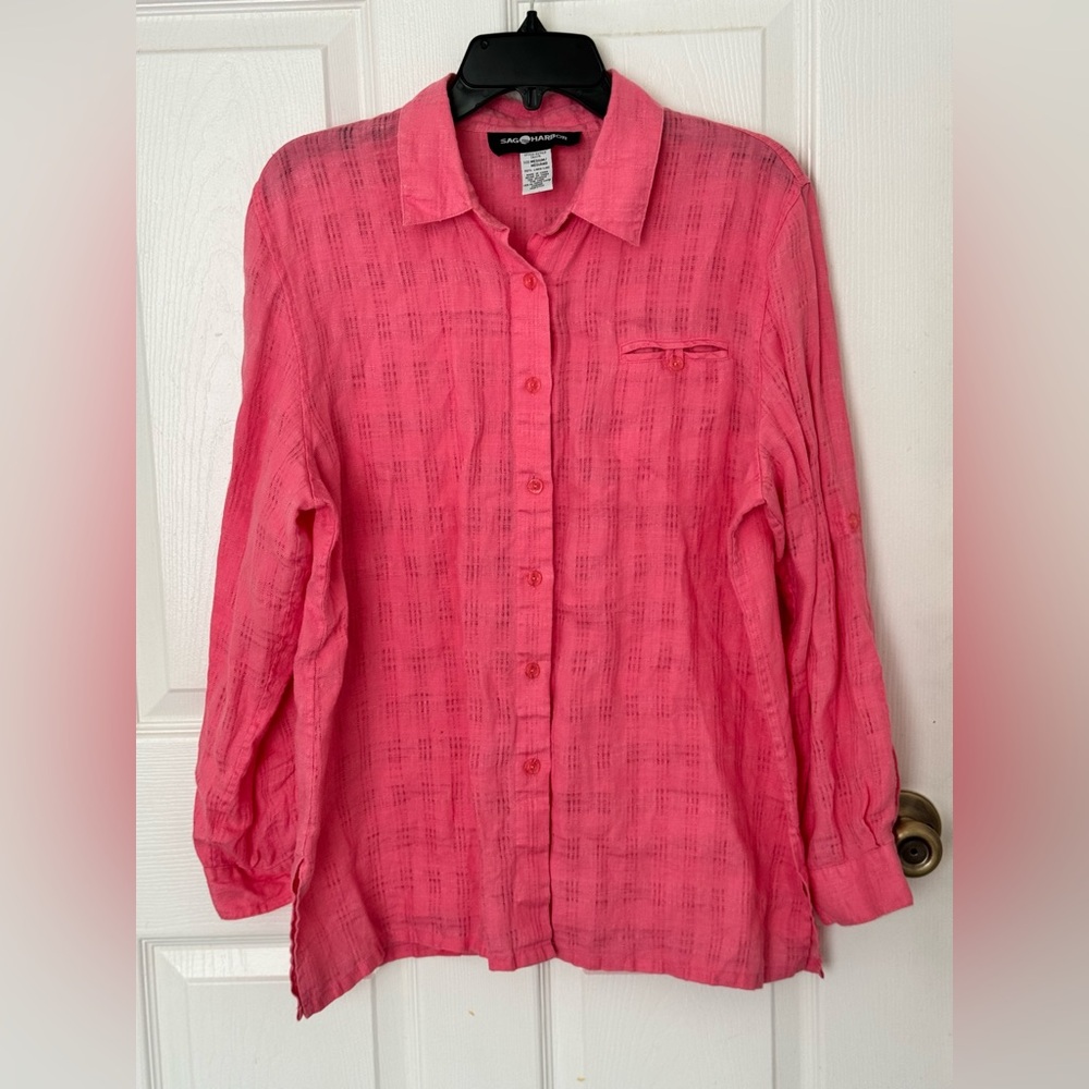 Sag Harbor Womens Pink 100% Linen Button Front Shirt Size M